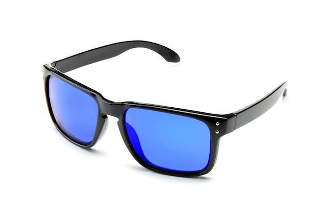 Klassische schwarze Sonnenbrille mit blauen Spiegelgläsern