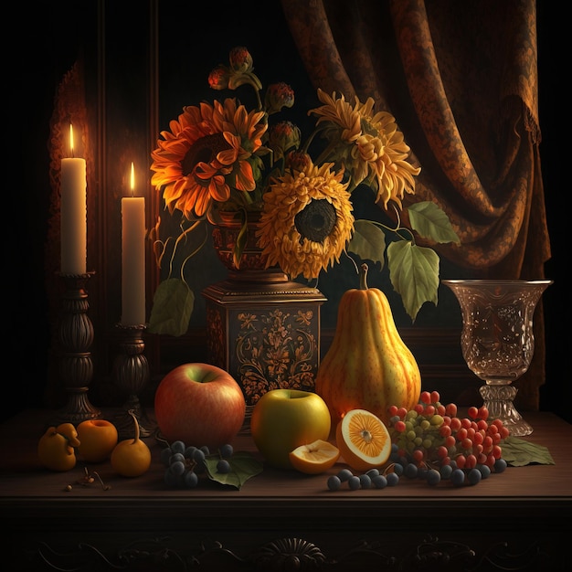 Klassische Stillleben-Komposition Vase Fruit Generative AI