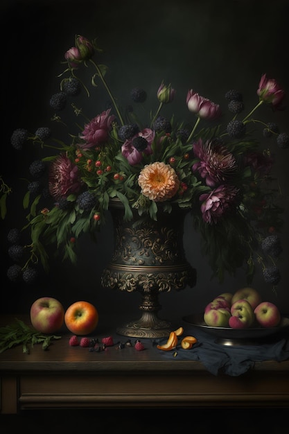 Klassische Stillleben-Komposition Vase Fruit Generative AI