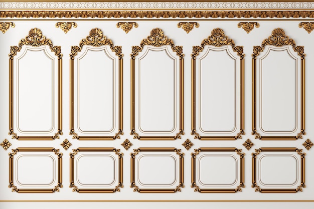 Klassische Wand aus weißen und goldenen Holzplatten