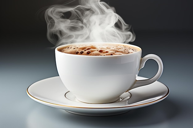 Klassische weiße Tassen-Untertasse mit dampfendem Kaffee