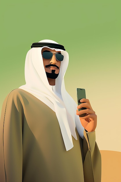 Klassische Zeichentrickfilme Saudi Mann Zelle Schatten grüne Farbtöne saubere Linien Minimalismus