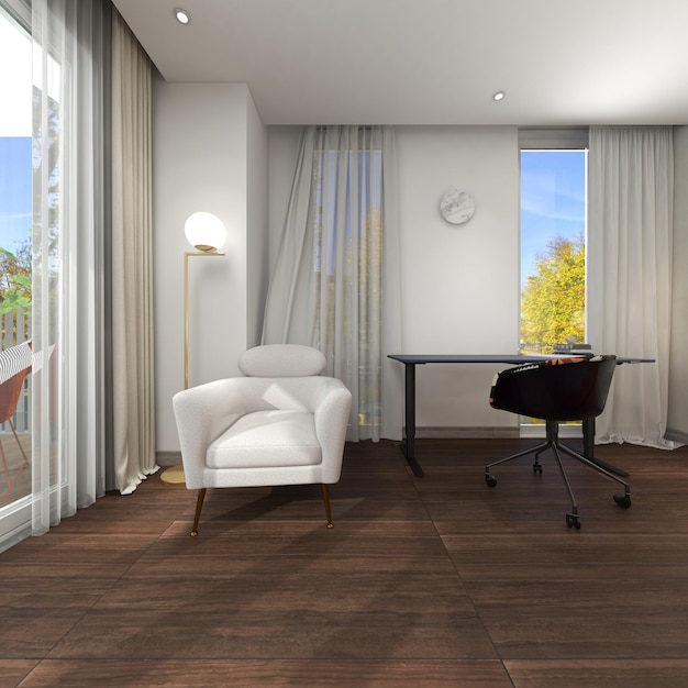 Klassischer arbeitsplatz aus holz mit 3d-rendering und schreibtisch Premium Photo