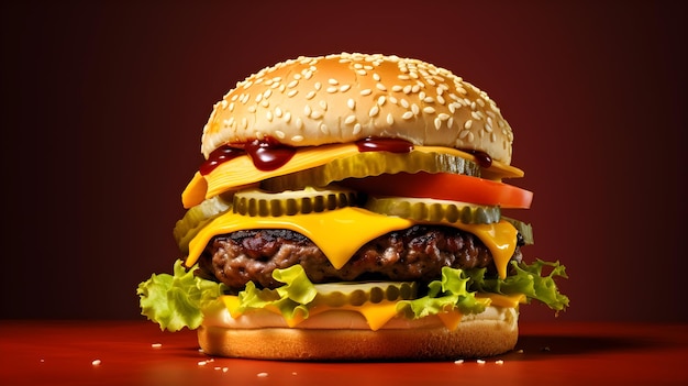 Klassischer Cheeseburger mit allem Zubehör auf einer einfarbigen Oberfläche