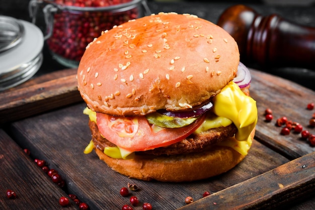 Foto klassischer cheeseburger mit rinderkotelett seitenansicht auf einem holzbrett