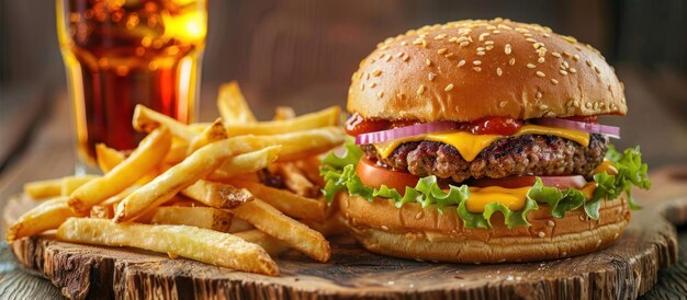 Klassischer Cheeseburger und Pommes Frites auf Holzbrett