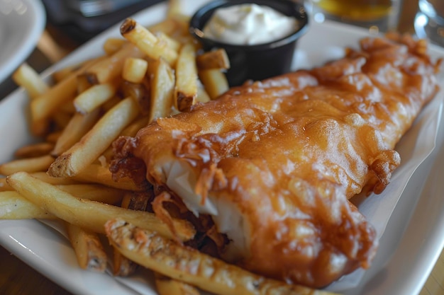 Klassischer Fisch und Chips auf weißem Teller