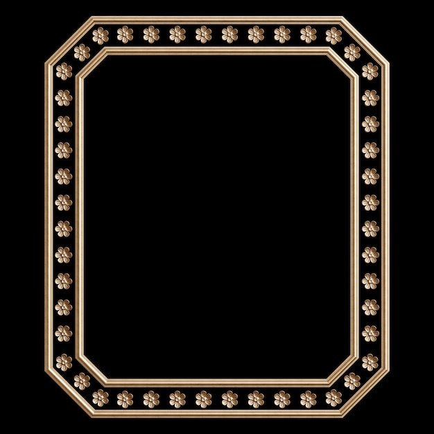 Klassischer goldener Rahmen mit Verzierungsdekor lokalisiert auf schwarzem Hintergrund. Digitale Illustration. 3D-Rendering