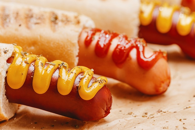 Klassischer Hot Dog mit Senf und Ketchup