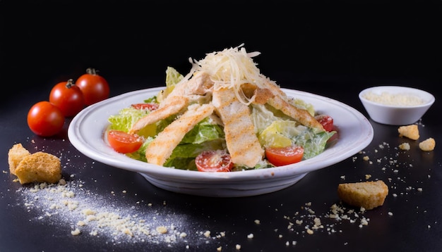 Klassischer Hühner-Caesar-Salat auf schwarzem Hintergrund