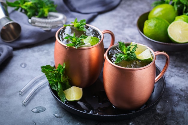 Klassischer moscow mule cocktail mit limettenminze und eis