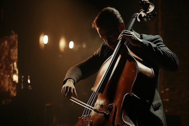 Klassischer Musiker spielt Kontrabass bei einem Abendkonzert, das Ai generiert hat