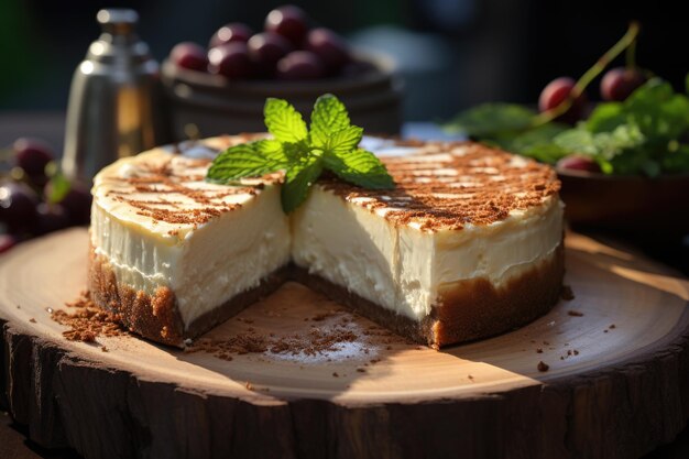 Foto klassischer new yorker geschnittener käsekuchen geschnitten auf der hölzernen tabea close generative ia