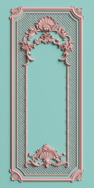 Klassischer Rahmen mit Verzierungsdekor in Pastellrosa auf tadelloser blauer Pastellwand