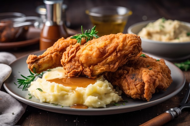 Klassischer südländischer Teller mit gebratenem Hähnchen, Kartoffelpüree und Soße, zubereitet mit generativer KI