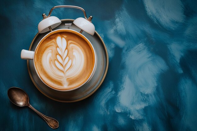 Klassischer Wecker mit Kaffee anstelle einer Uhrfläche, isoliert auf blauem Hintergrund mit Kopierraum Kaffeestunde Morgenroutine Frühstückszeit minimales kreatives Konzept Latte Art Kaffeestund