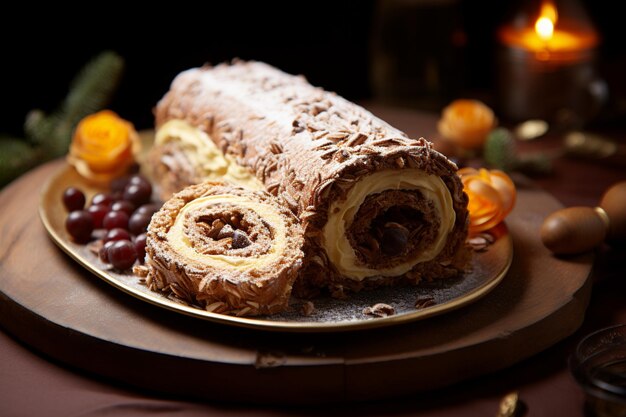 Foto klassischer weihnachtsstamm ein festlicher leckerbissen weihnachtskuchen gerollt und geschmückt für eine angenehme feier