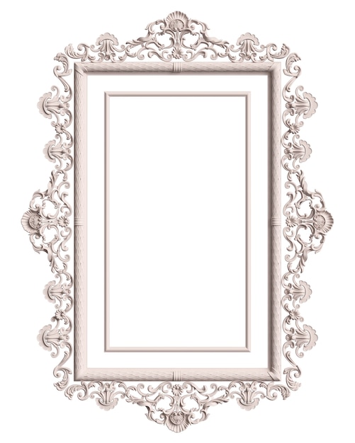 Klassischer weißer Rahmen mit Verzierungsdekor lokalisiert auf weißem Hintergrund. Digitale Illustration. 3D-Rendering