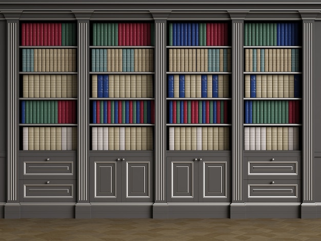 Foto klassisches 3d-rendering des bibliotheksschranks