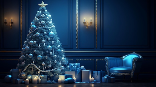 Klassisches blaues Weihnachtsinterieur mit grünen Weihnachtsbaumgeschenken