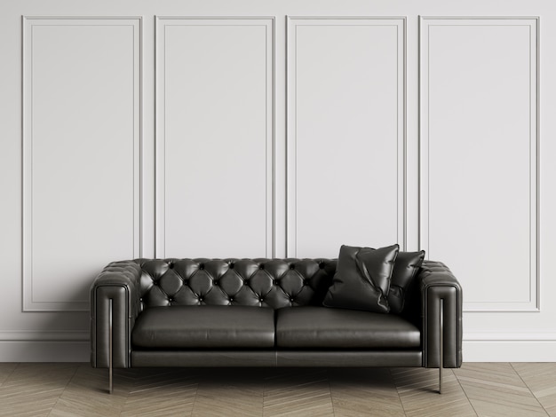 Klassisches büscheliges sofa im klassischen innenraum mit kopienraum. weiße wände mit leisten. boden parkett fischgrät. 3d-rendering