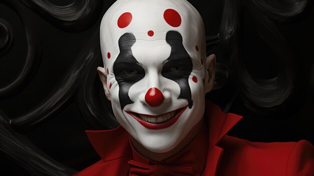 Klassisches Clownporträt, reich an fröhlichem Rot, geheimnisvollem Schwarz und unberührtem Weiß
