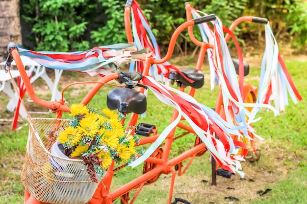 Klassisches Fahrrad der alten Art mit rotem und weißem Band auf ihm und Blume auf dem Korb