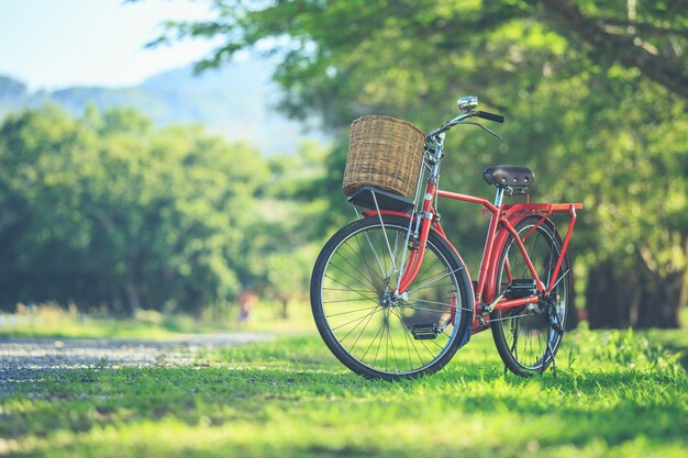 Klassisches Fahrrad roter Japan-Art am Park, Weinlesefiltereffekt