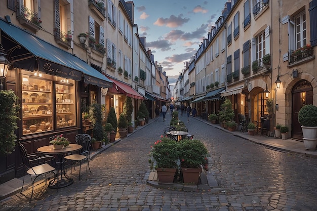 Klassisches französisches Bistro mit Vintage-Charme und Sitzgelegenheiten auf dem Gehweg