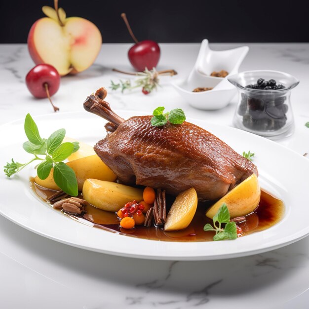 Klassisches Gericht: gebratene glasierte Ente mit Äpfeln und Beilage
