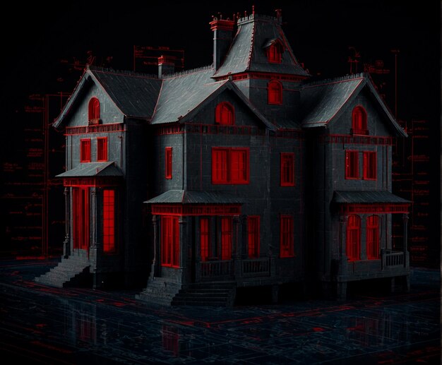 Klassisches Hausmodell auf schwarz-rotem Bauplan