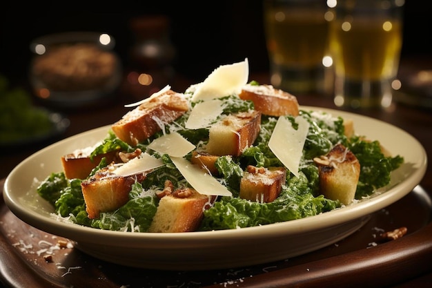 Klassisches Hühner-Caesar-Salat-Dressing Gießen Sie Croutons und Pfeffer auf schwarzen Hintergrund 1011jpg