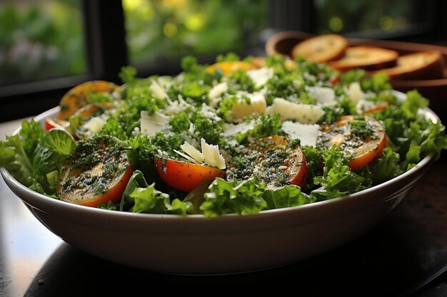 Foto klassisches hühner-caesar-salat-dressing gießen sie croutons und pfeffer auf schwarzen hintergrund 79jpg