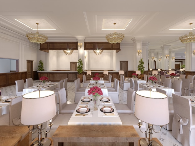 Klassisches Interieur eines Hotelrestaurants. 3D-Rendering