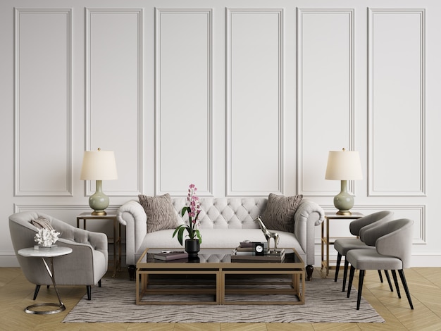 Klassisches Interieur. Sofa, Stühle, Beistelltische mit Lampen, Tisch mit Dekor. Weiße Wände mit Leisten. Boden Parkett Fischgrät. 3D-Rendering