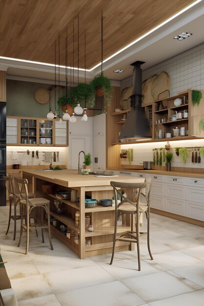 Klassisches Kücheninterieur im Öko-Stil in einem modernen, von KI generierten Haus