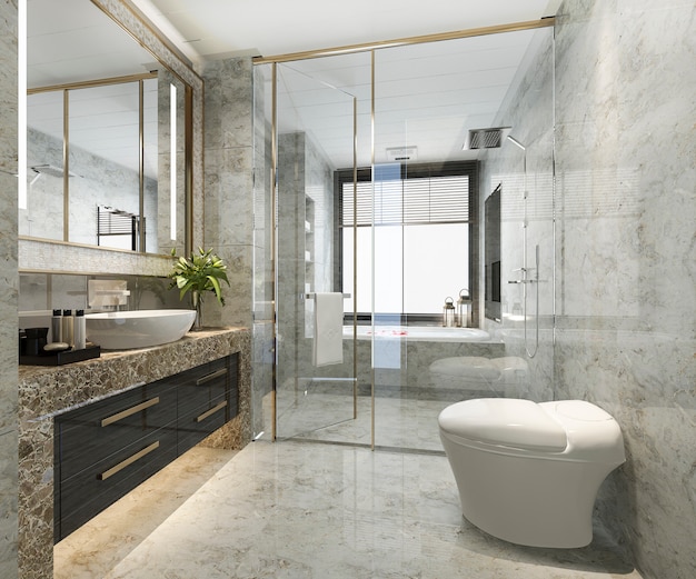 Klassisches modernes Badezimmer der 3D-Wiedergabe mit Luxusfliesendekor