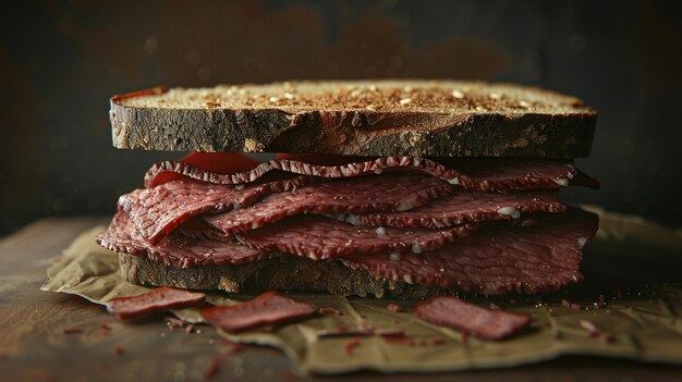 Foto klassisches pastrami-sandwich im new yorker stil auf roggenbrot