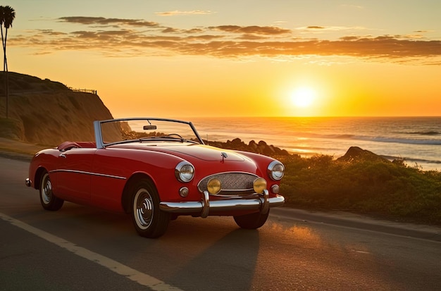 Klassisches rotes Cabriolet bei Sonnenuntergang mit Blick aufs Meer