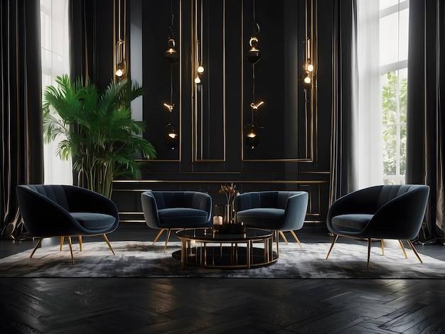 Klassisches schwarzes modernes Innenraum mit Lounge-Sesseln, Tisch und Spiegeln 3D-Rendering
