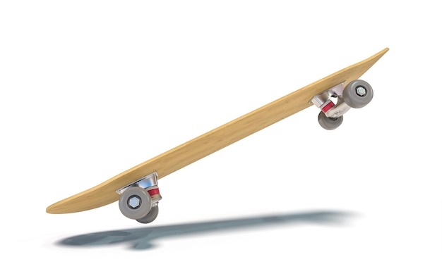 klassisches Skateboard auf weißem Hintergrund im Sprung-3D-Rendering