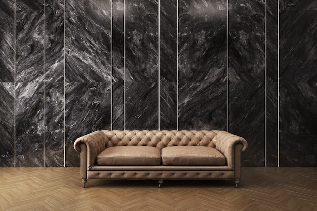 Klassisches Sofa mit schwarzer Marmormusterwand