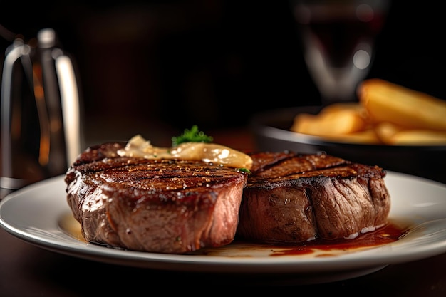 Klassisches Steak und Kartoffeln mit Pommes Frites im Hintergrund