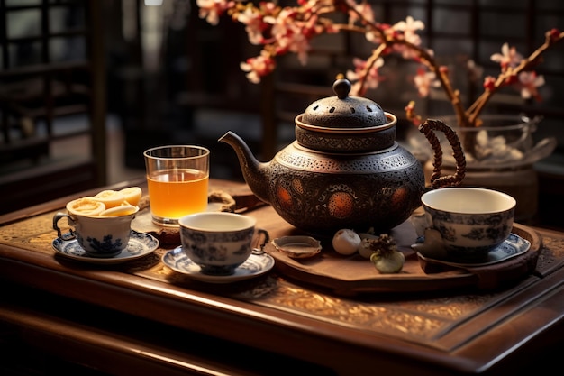 Klassisches Teebankett auf dem Tisch mit Teekanne und Tassen im chinesischen Stil