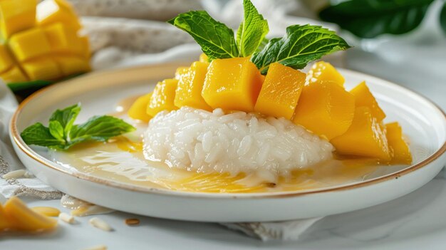 Klassisches thailändisches Mango-Sticky-Ries-Dessert, garniert mit Minze auf einem weißen Teller