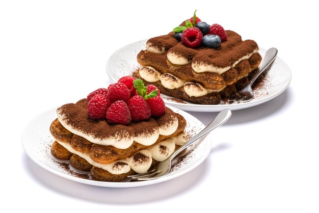 Klassisches Tiramisu-Dessert mit Himbeeren und Blaubeeren auf einem Keramikteller