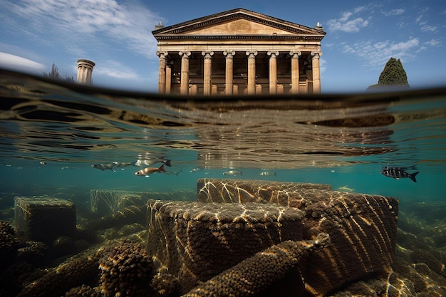 Klassisches und historisches Gebäude im Wasser mit schwimmenden Fischen im Vordergrund