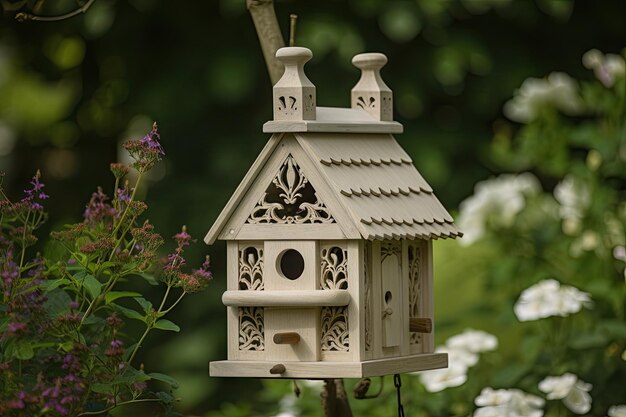 Klassisches Vogelhaus mit Vogelhäuschen im Garten