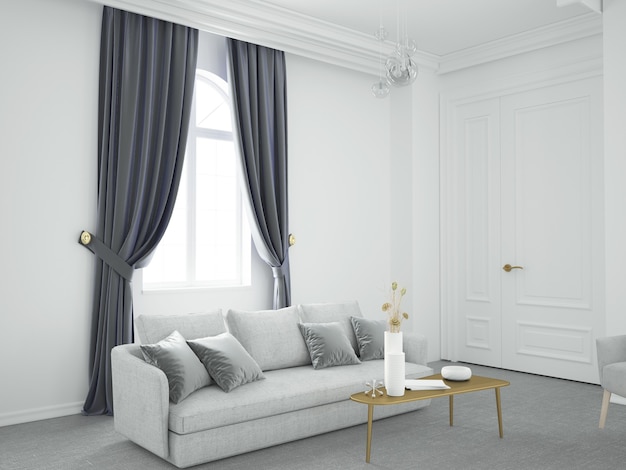 klassisches weißes Wohnzimmer mit grauen Samtvorhängen und Sofa