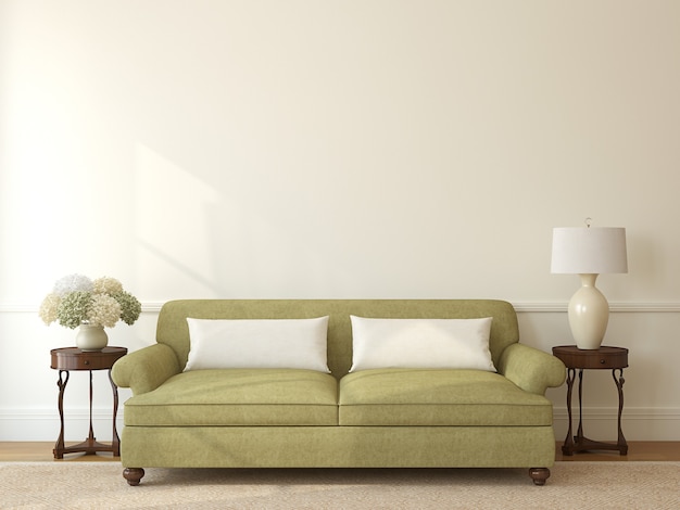 Klassisches Wohnzimmerinterieur mit grüner Couch nahe leerer beige Wand. 3d rendern.